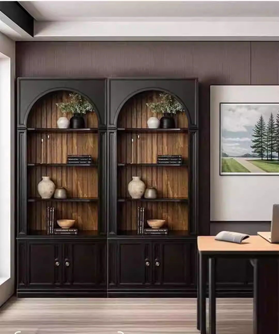 Estantería de pared completa de madera maciza arqueada arqueada