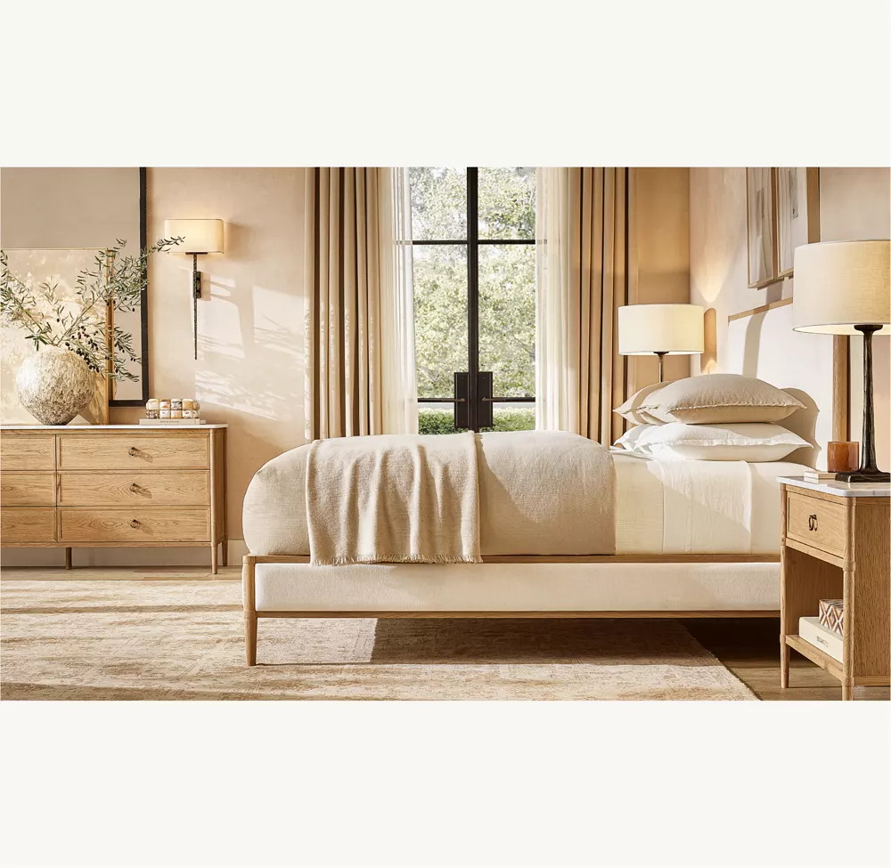 Cama de madera maciza revestida de tela