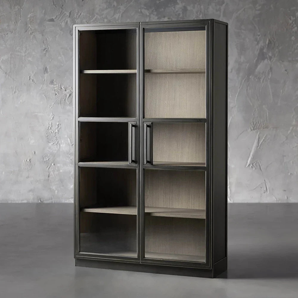 Estantería de vidrio de doble puertas de roble de almacenamiento de múltiples capas