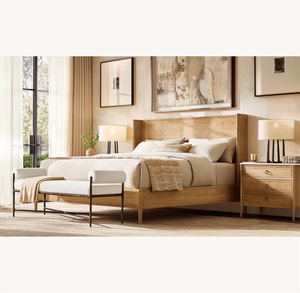 Cama de madera maciza con cabecera en forma de ala